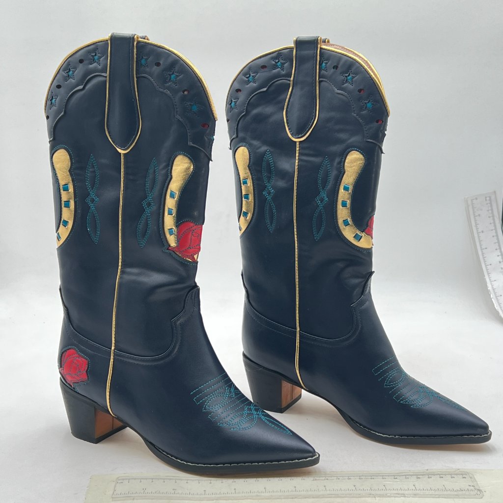 Black Women Pointed Toe Embroidered Knee High Boots Block Heel Pull On Boots